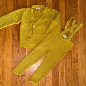 Fin & Vince cotton kimono knit mustard cardigan and overalls matching set 2/3T